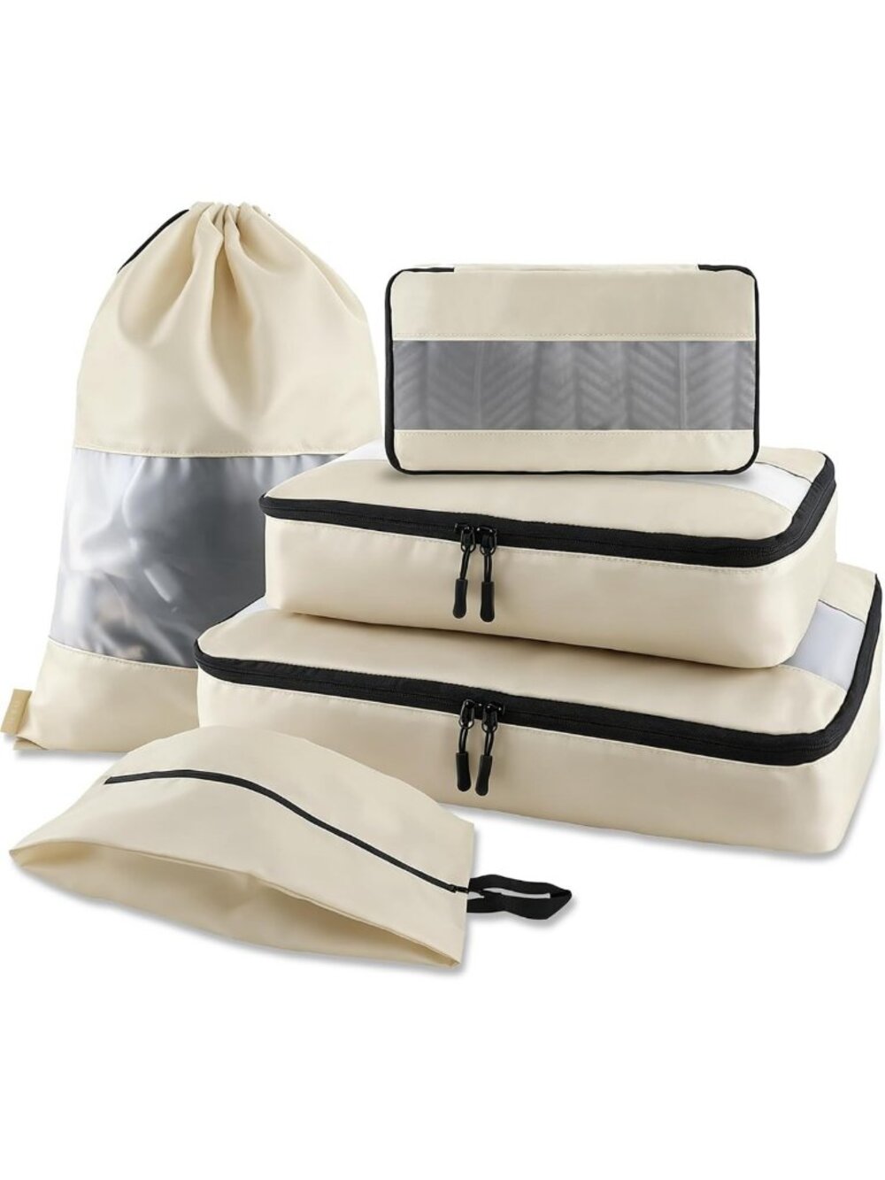 5 Set Packing Cubes & Travel Organizers with Shoe Bag - Cream Color, Lightweight